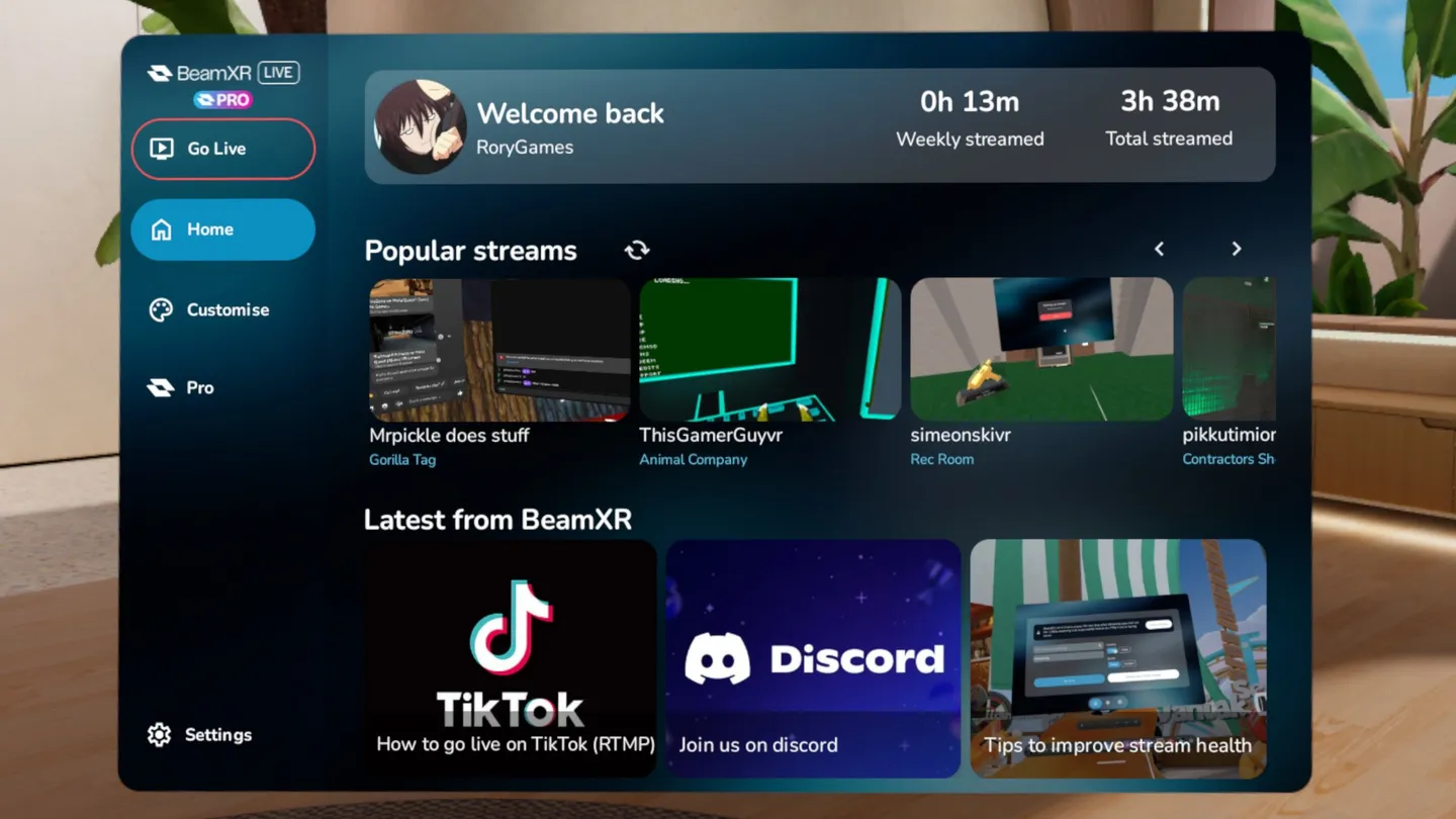 The home screen of BeamXR Live